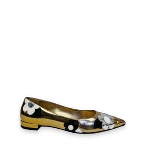 PRADA Gold Metallic Floral Appliqué Leather Pointed Toe Ballet Flats 38.5